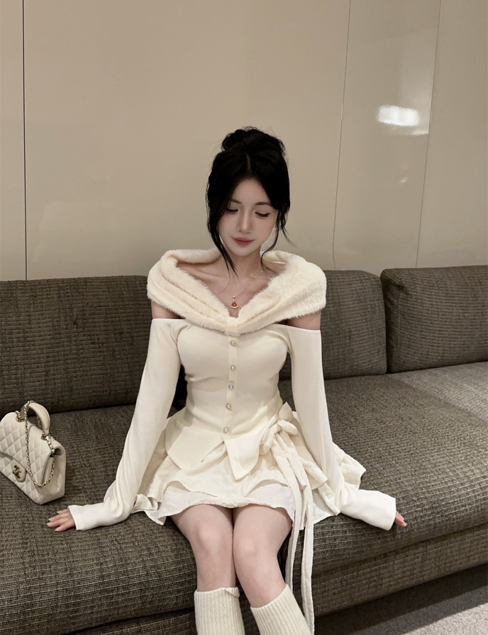 Fluffy puff skirt enticement tops 2pcs set