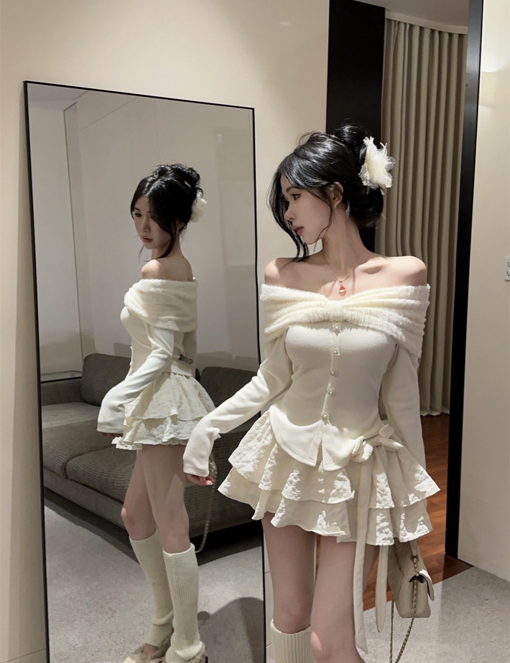 Fluffy puff skirt enticement tops 2pcs set