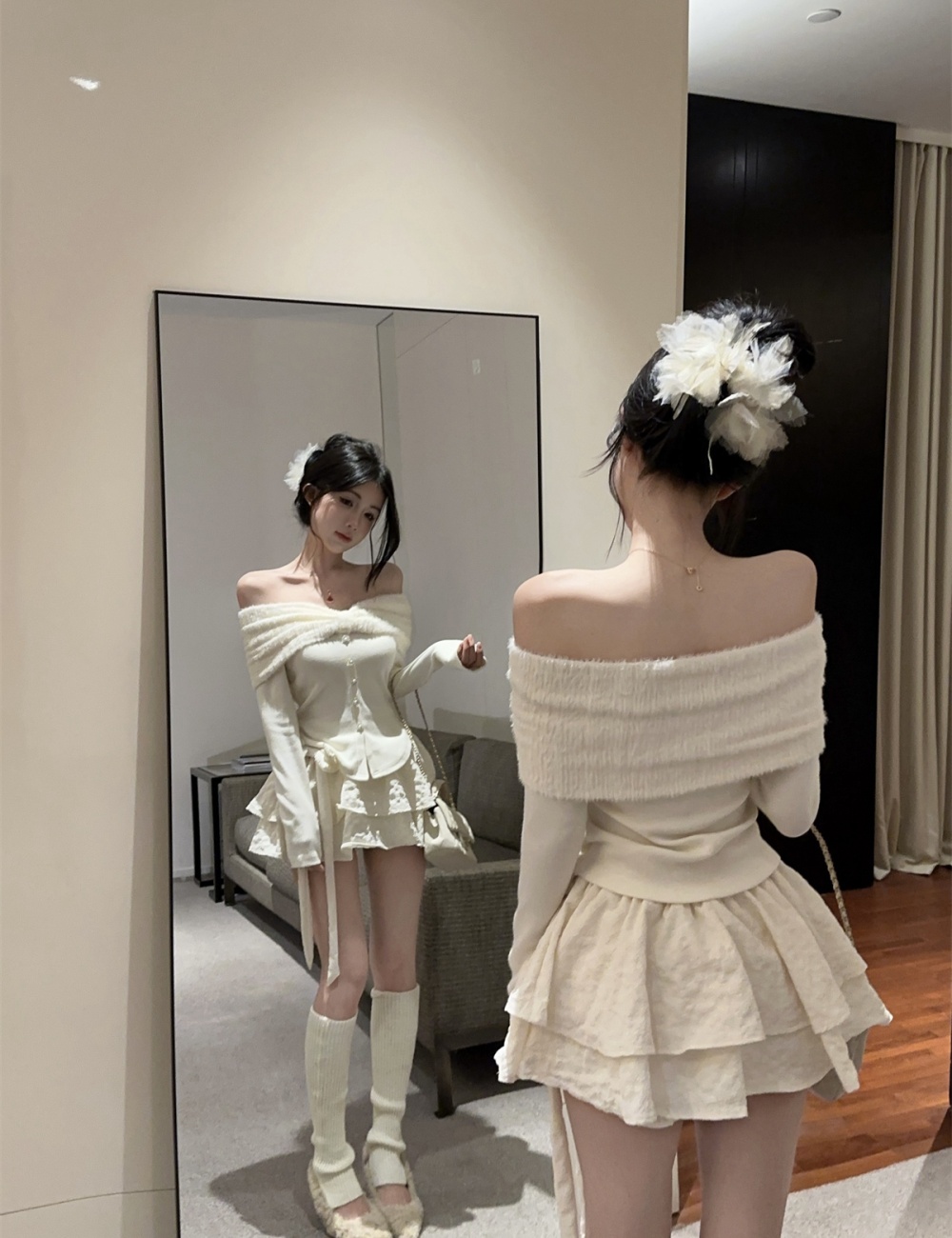 Fluffy puff skirt enticement tops 2pcs set