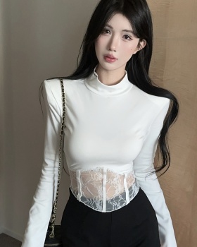 Long sleeve cstand collar bottoming shirt lace splice tops