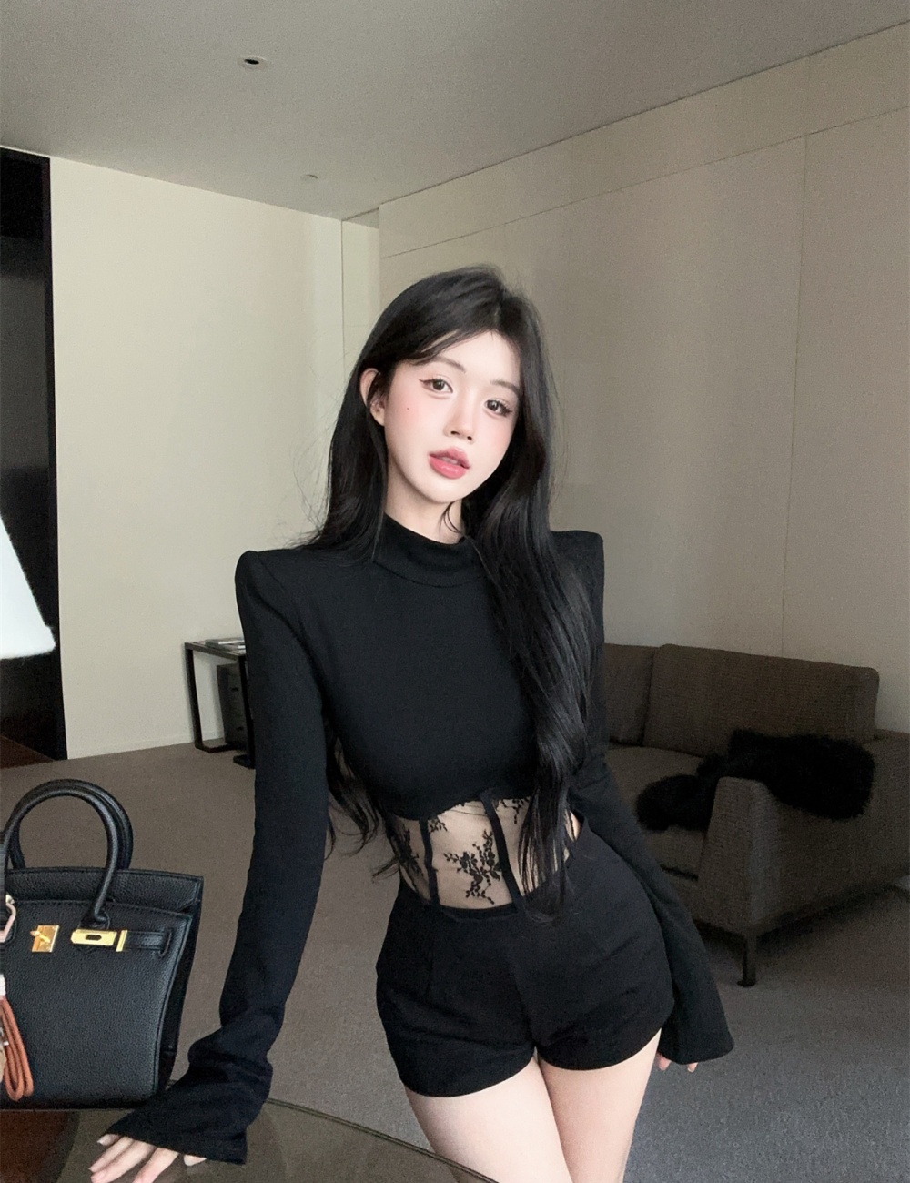 Long sleeve cstand collar bottoming shirt lace splice tops