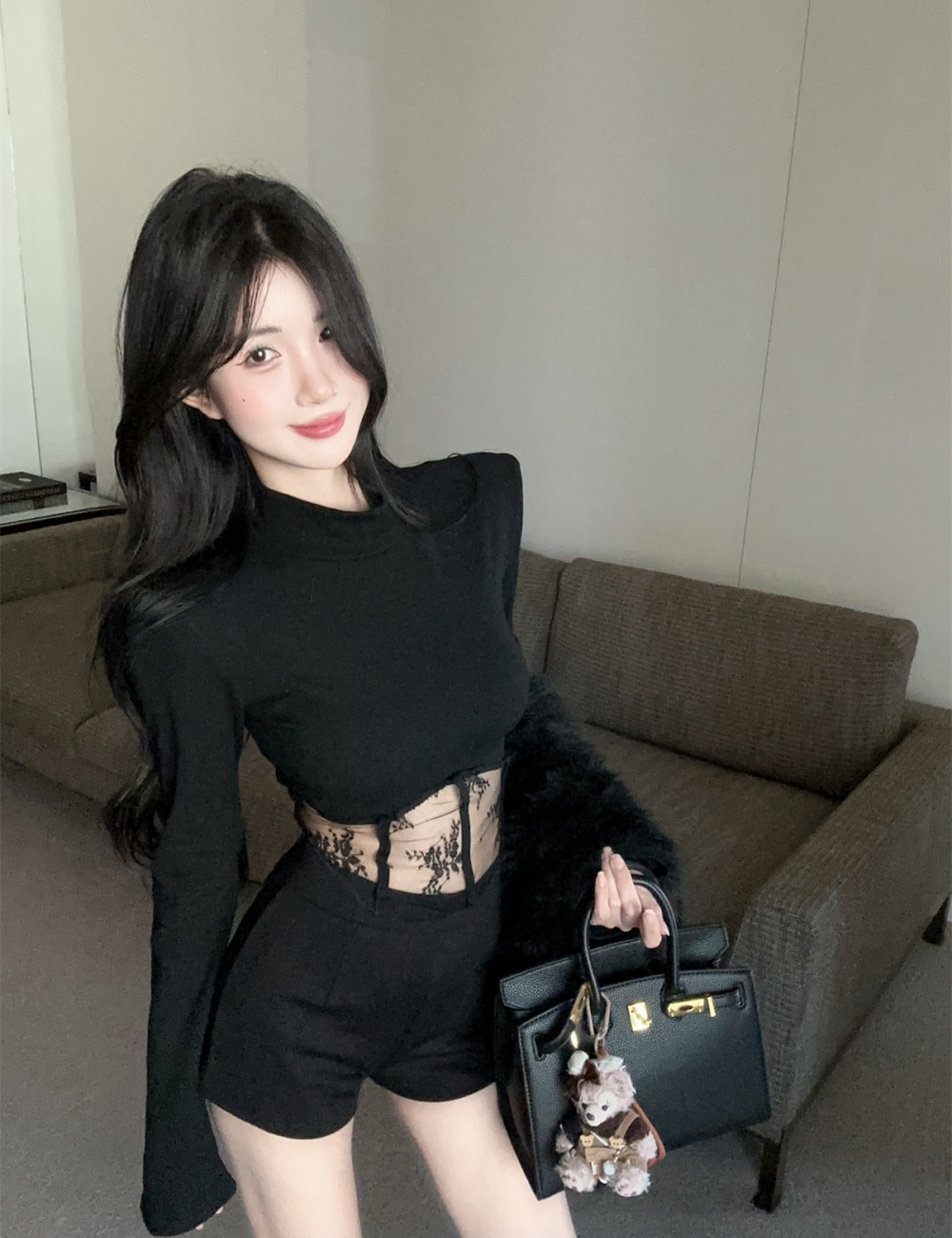 Long sleeve cstand collar bottoming shirt lace splice tops