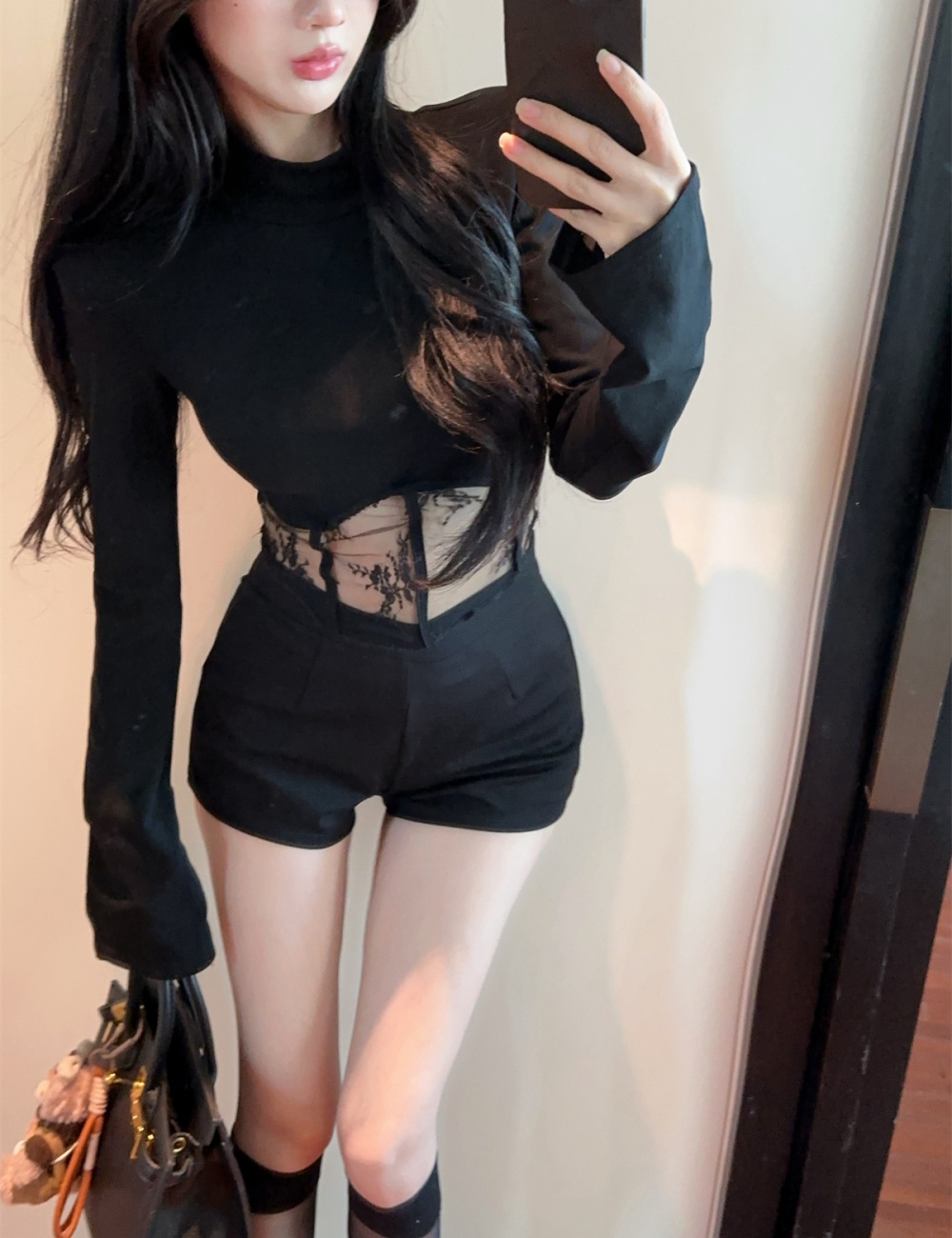 Long sleeve cstand collar bottoming shirt lace splice tops