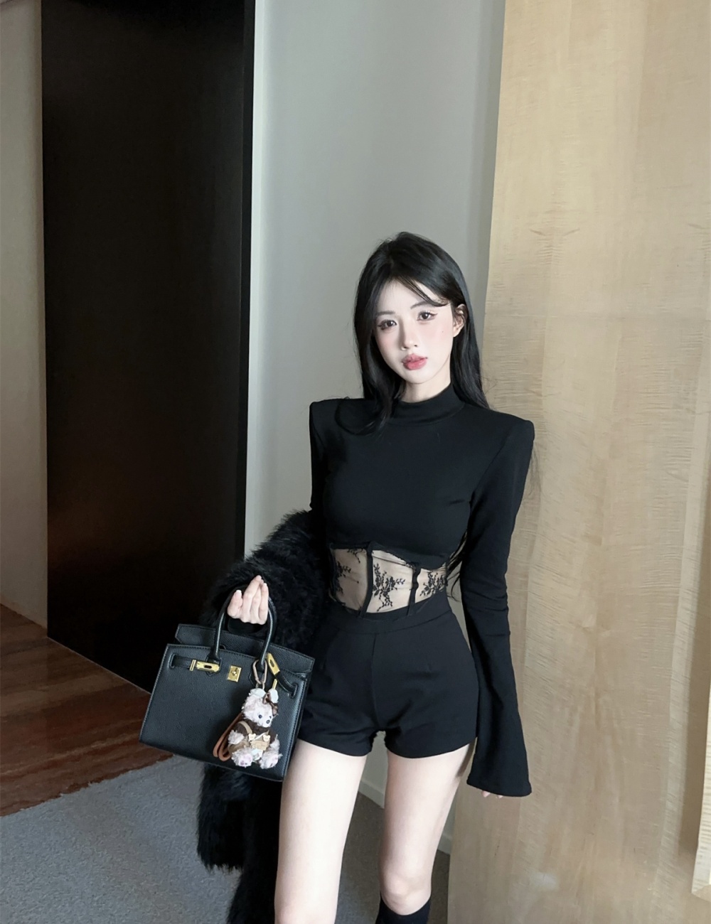 Long sleeve cstand collar bottoming shirt lace splice tops