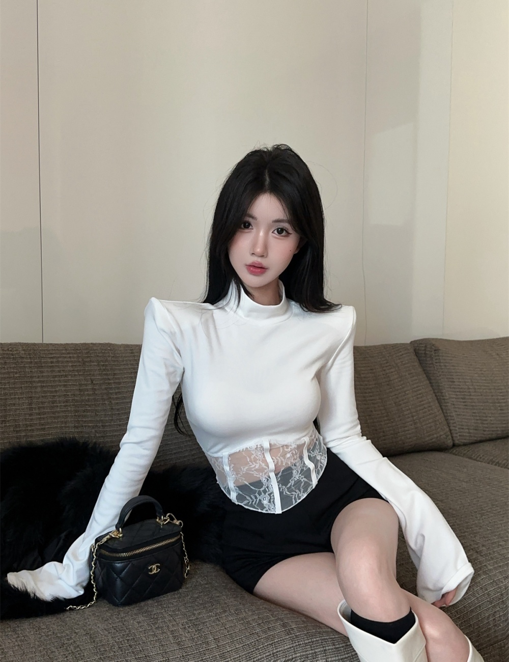 Long sleeve cstand collar bottoming shirt lace splice tops