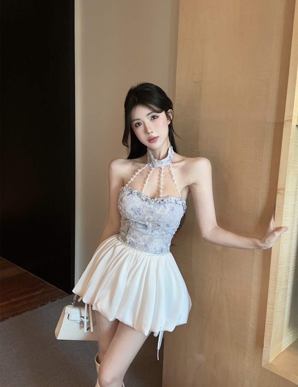 Wood ear halter bud skirt strapless tops 2pcs set for women