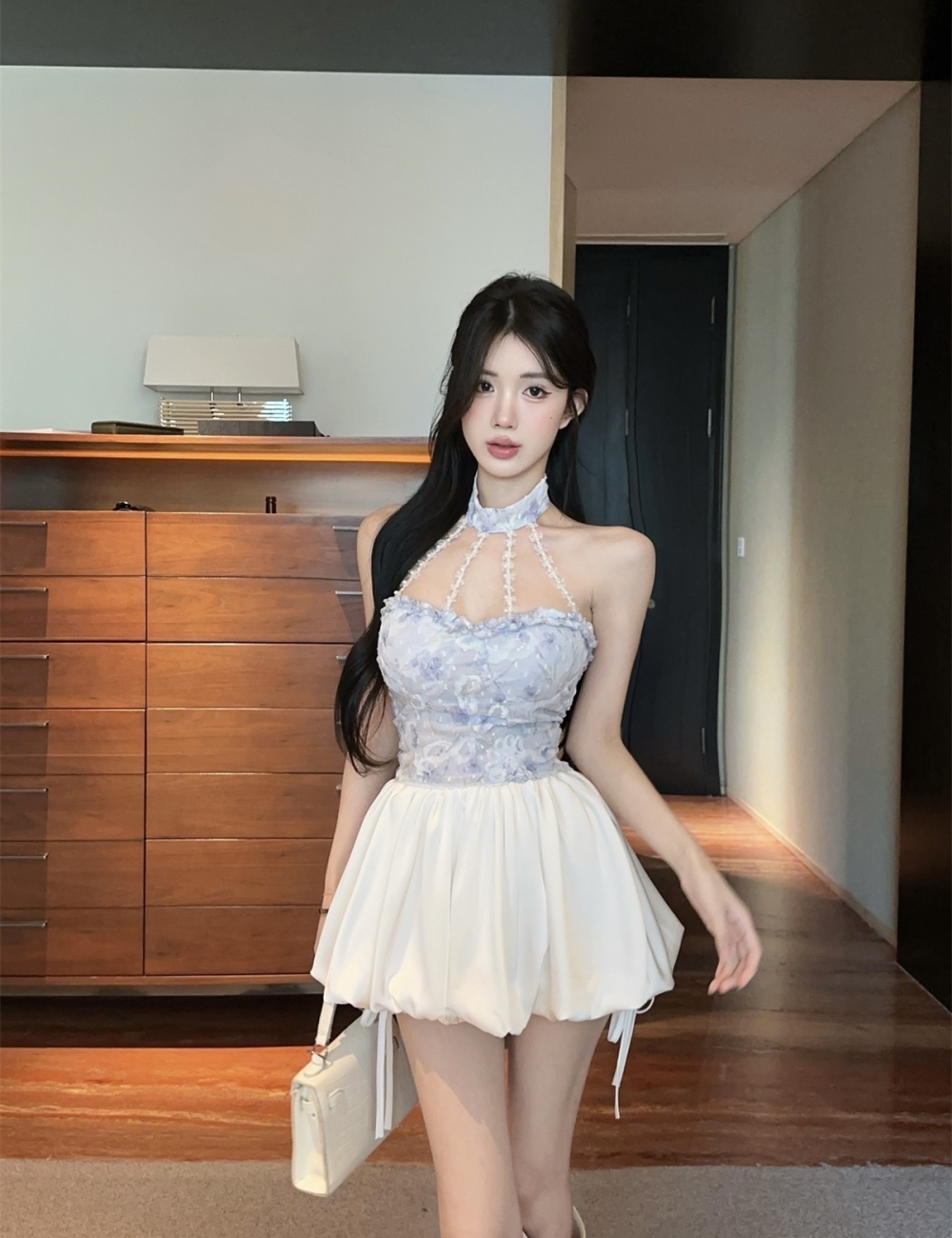 Wood ear halter bud skirt strapless tops 2pcs set for women