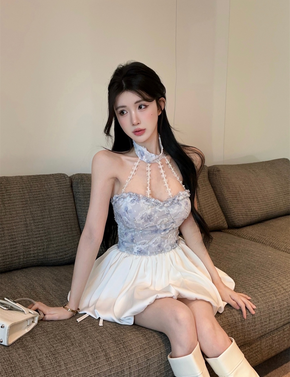 Wood ear halter bud skirt strapless tops 2pcs set for women