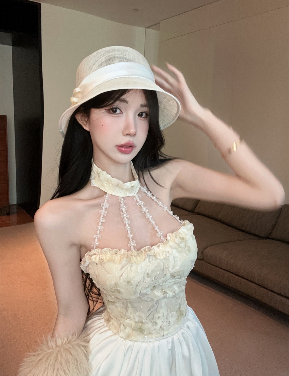 Wood ear halter bud skirt strapless tops 2pcs set for women