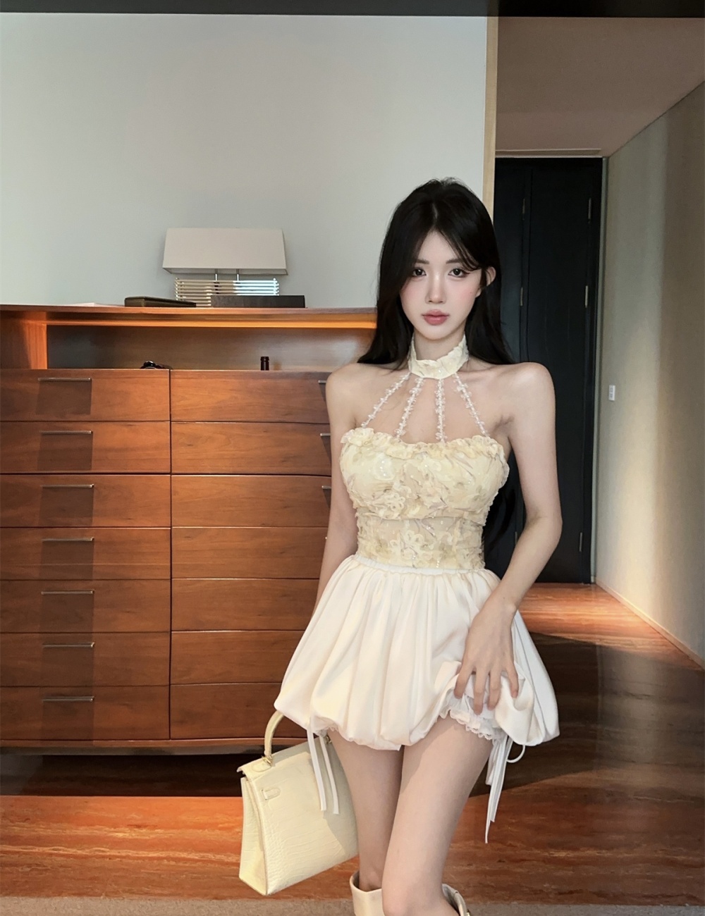 Wood ear halter bud skirt strapless tops 2pcs set for women