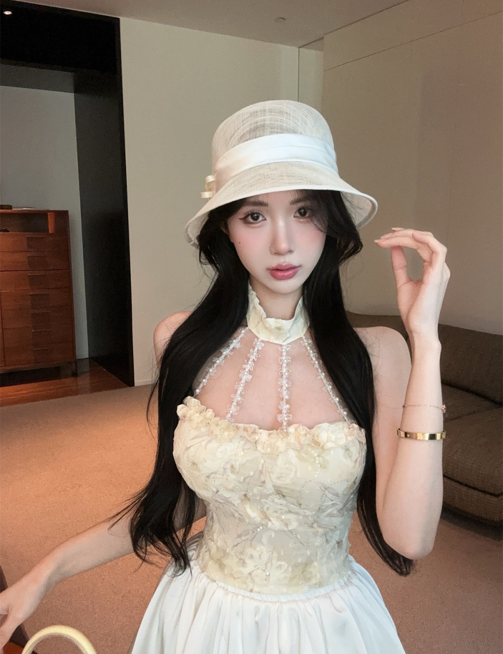 Wood ear halter bud skirt strapless tops 2pcs set for women