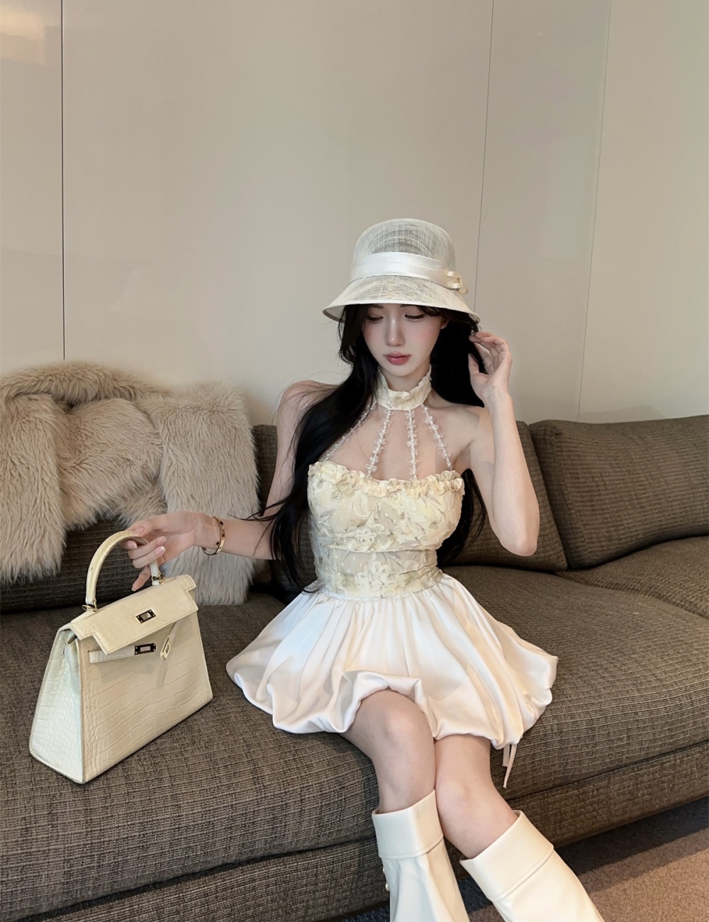 Wood ear halter bud skirt strapless tops 2pcs set for women