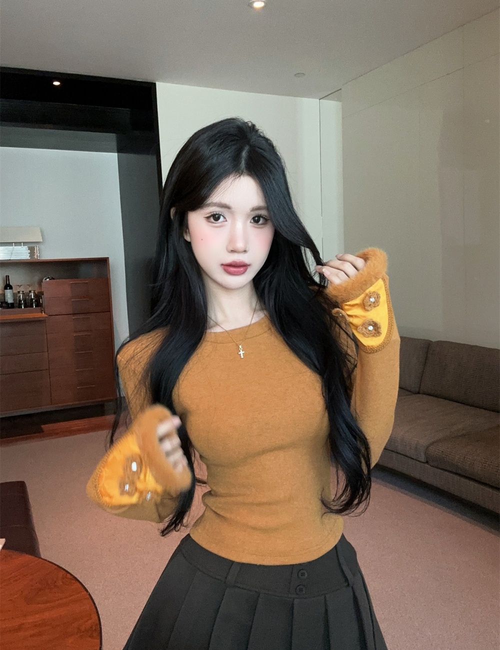 Winter halter short skirt Pseudo-two tops a set for women