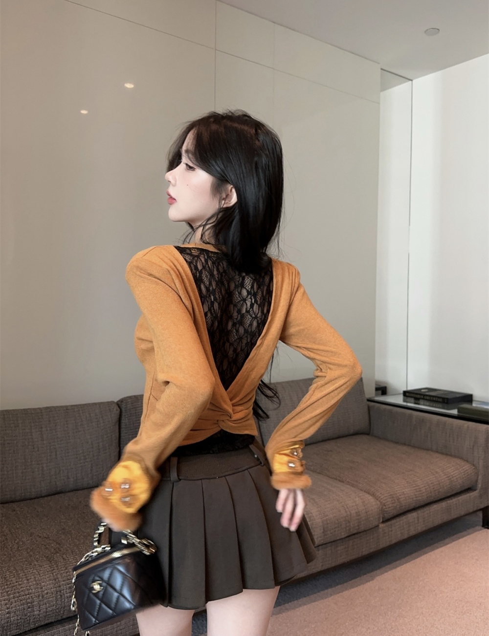 Winter halter short skirt Pseudo-two tops a set for women