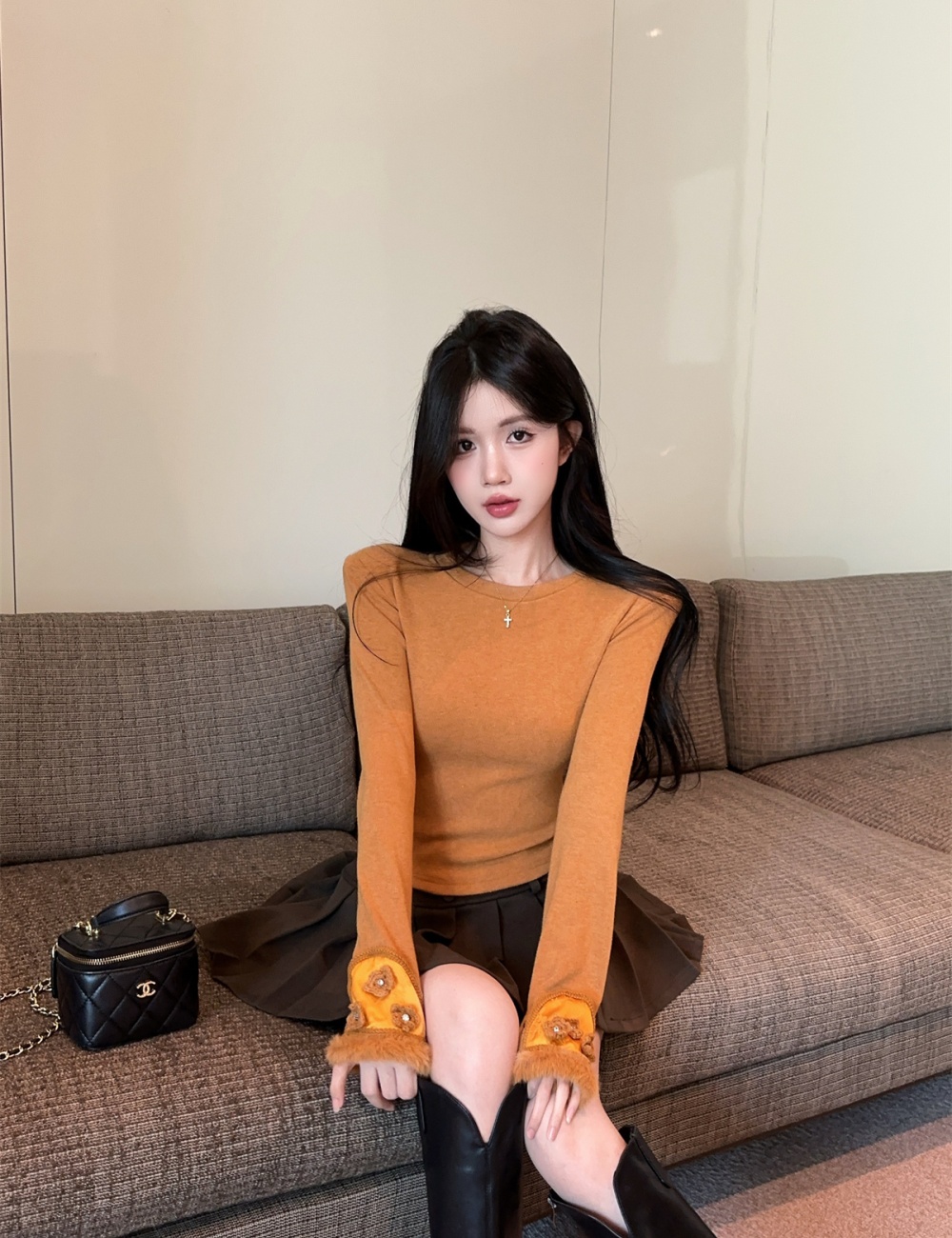 Winter halter short skirt Pseudo-two tops a set for women