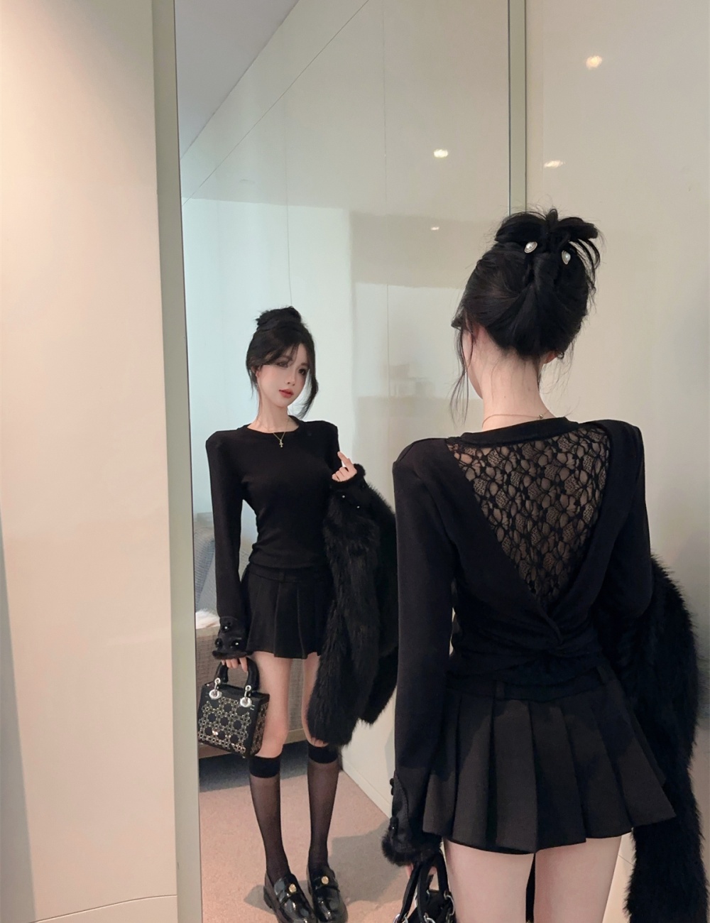 Winter halter short skirt Pseudo-two tops a set for women