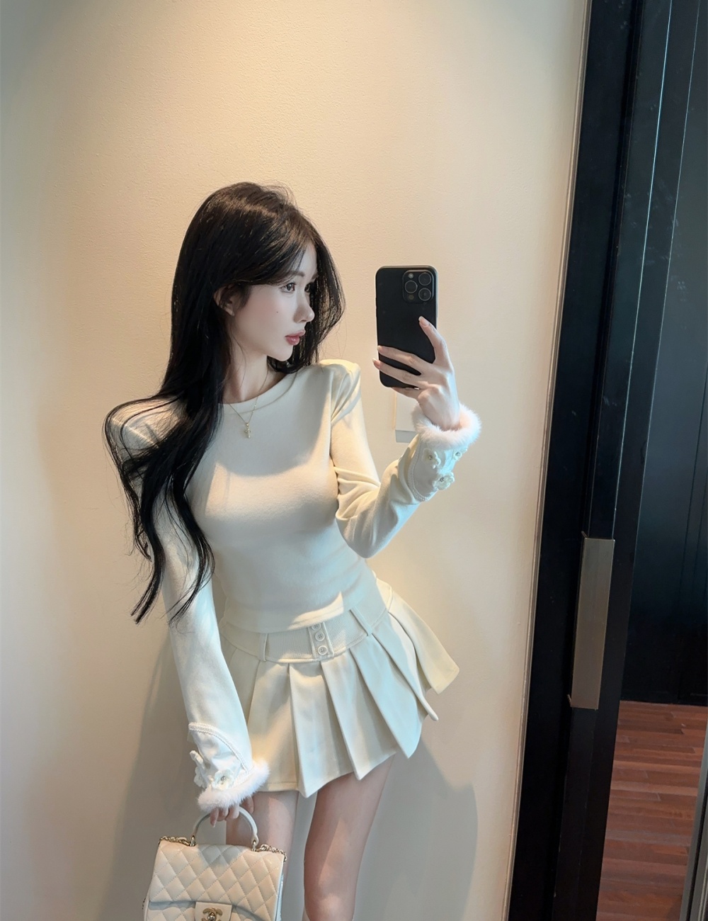 Winter halter short skirt Pseudo-two tops a set for women