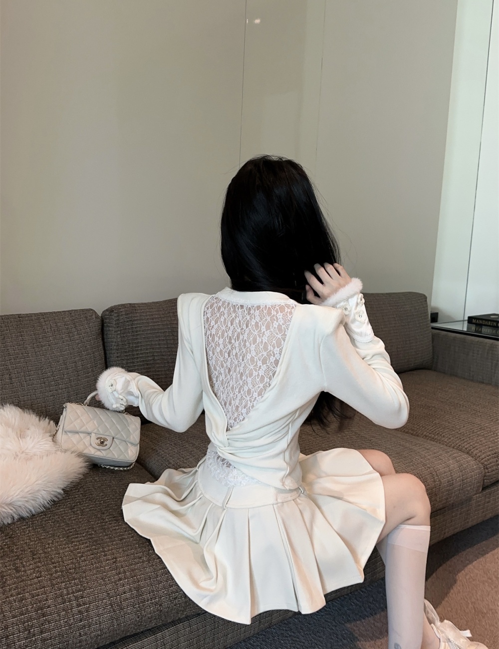 Winter halter short skirt Pseudo-two tops a set for women