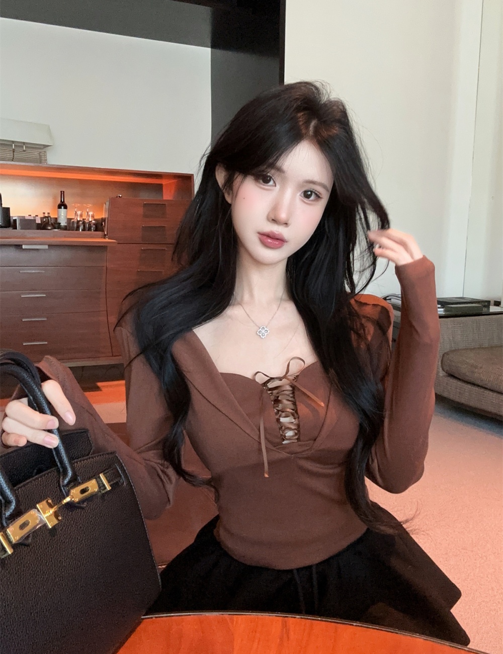 Slim long sleeve Pseudo-two enticement bandage tops