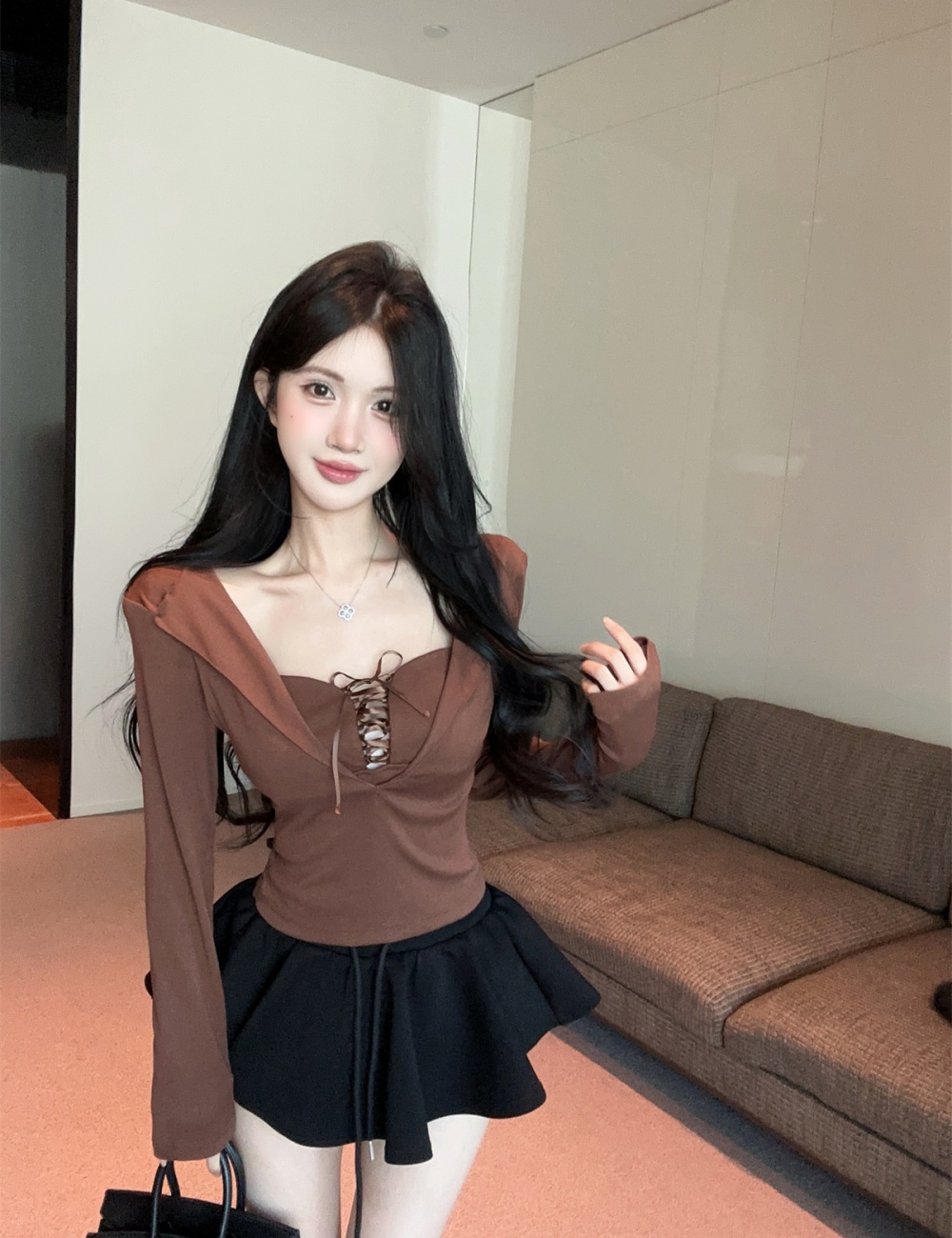 Slim long sleeve Pseudo-two enticement bandage tops