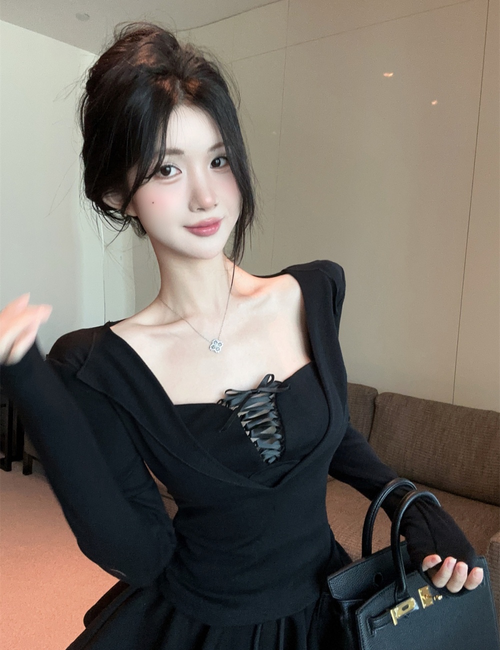 Slim long sleeve Pseudo-two enticement bandage tops