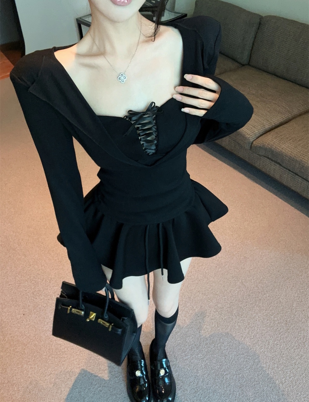 Slim long sleeve Pseudo-two enticement bandage tops