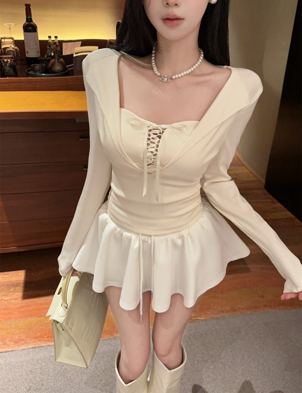 Slim long sleeve Pseudo-two enticement bandage tops