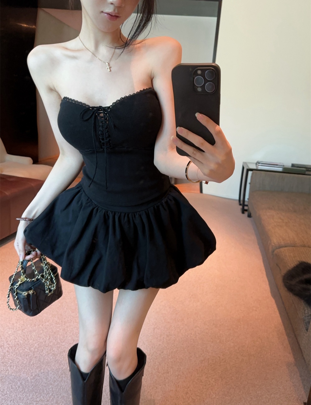 Bandage tops show young short skirt 2pcs set for women