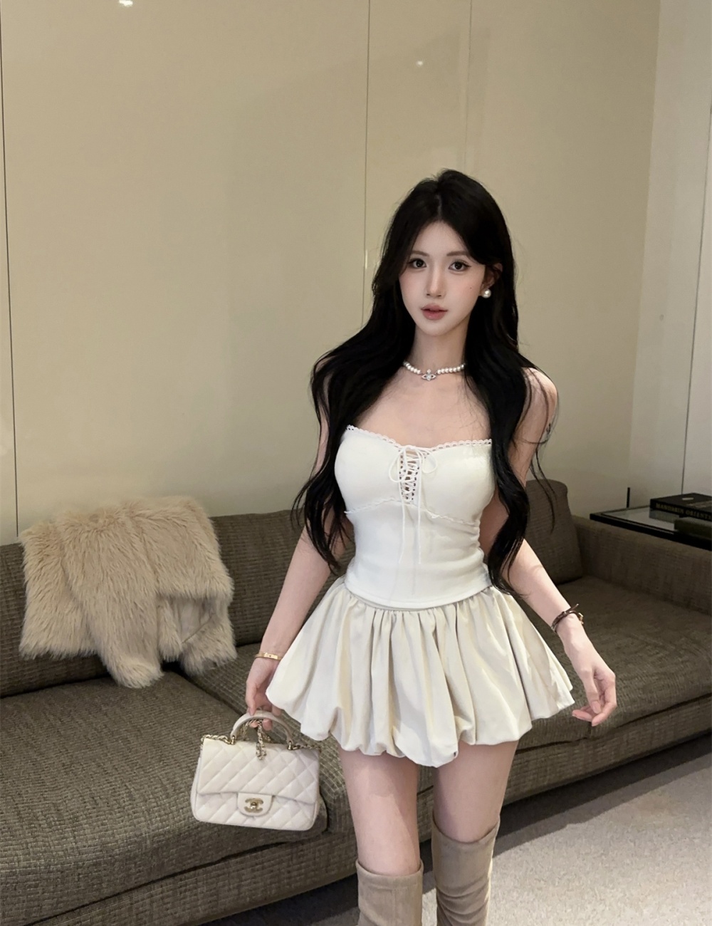 Bandage tops show young short skirt 2pcs set for women