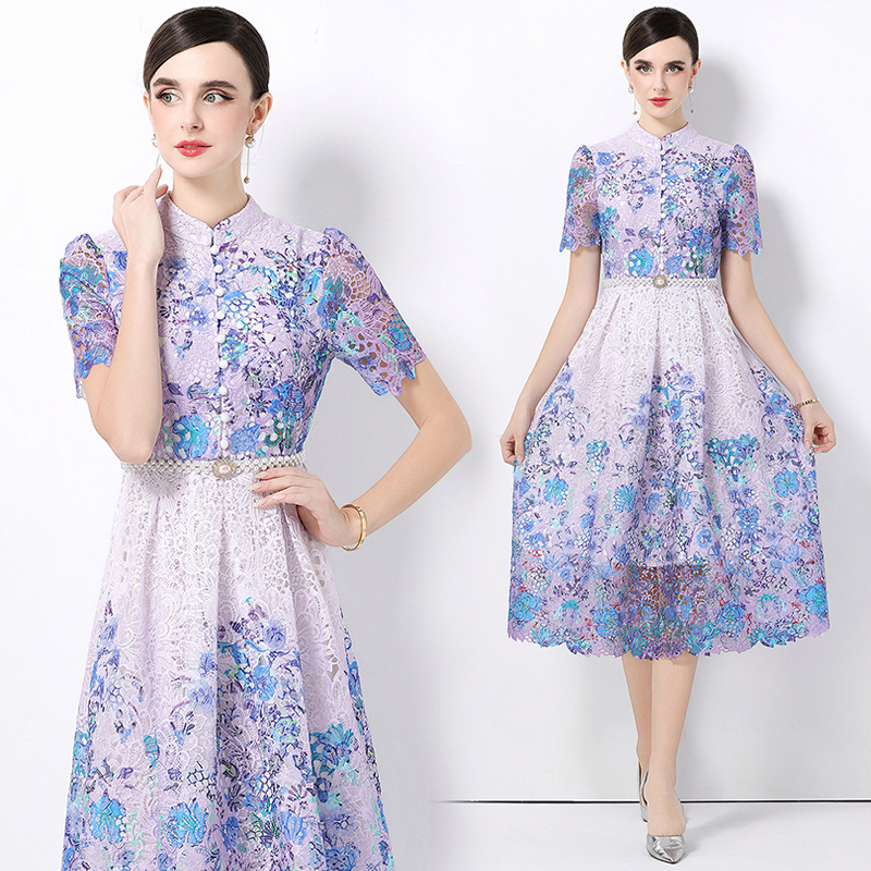 Short sleeve lace slim long hollow fashion dress