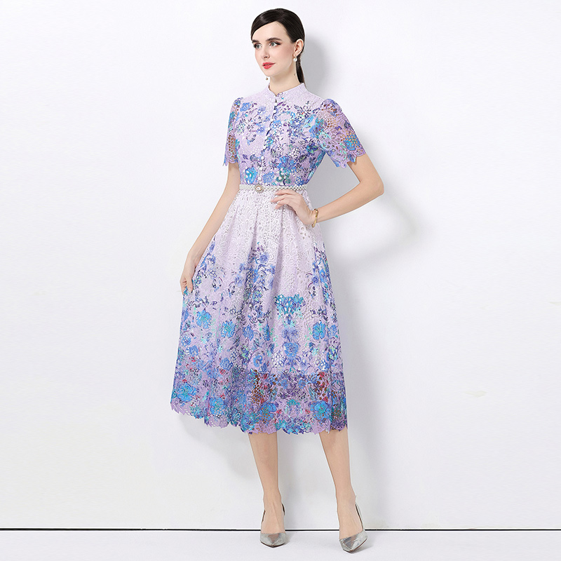 Short sleeve lace slim long hollow fashion dress