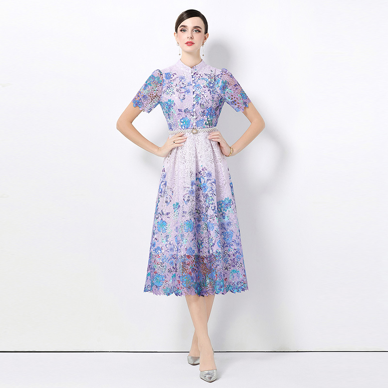 Short sleeve lace slim long hollow fashion dress