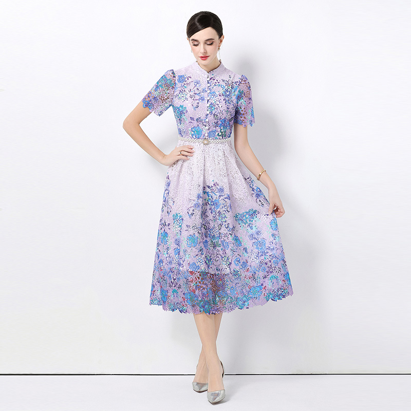 Short sleeve lace slim long hollow fashion dress