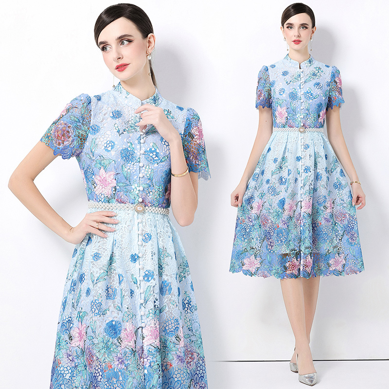 Hollow long slim short sleeve lace fashion dress