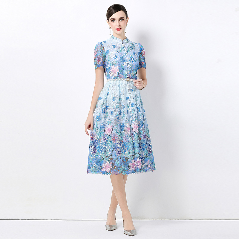 Hollow long slim short sleeve lace fashion dress