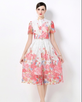 Slim long lace fashion short sleeve hollow dress