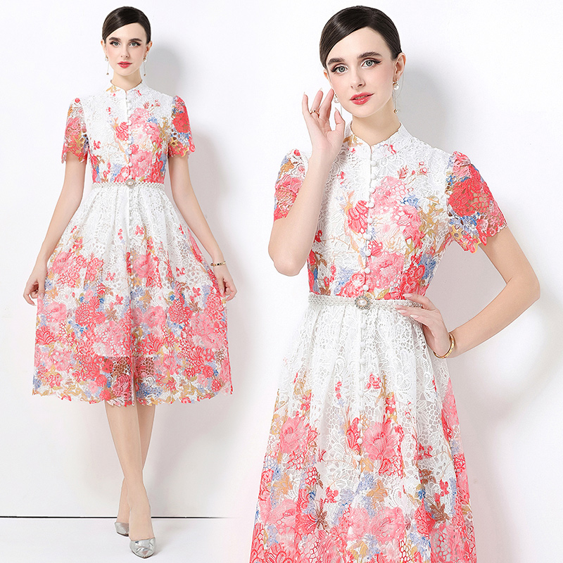 Slim long lace fashion short sleeve hollow dress