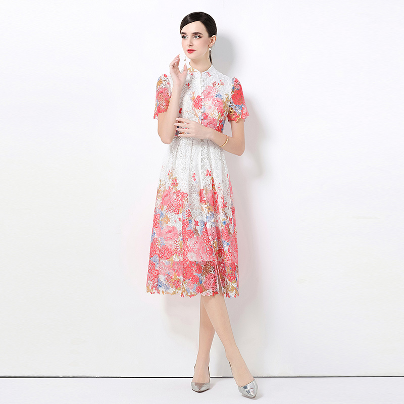 Slim long lace fashion short sleeve hollow dress