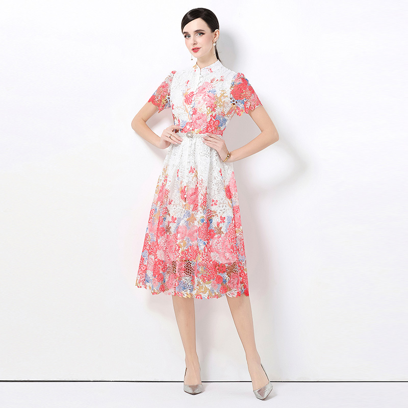 Slim long lace fashion short sleeve hollow dress