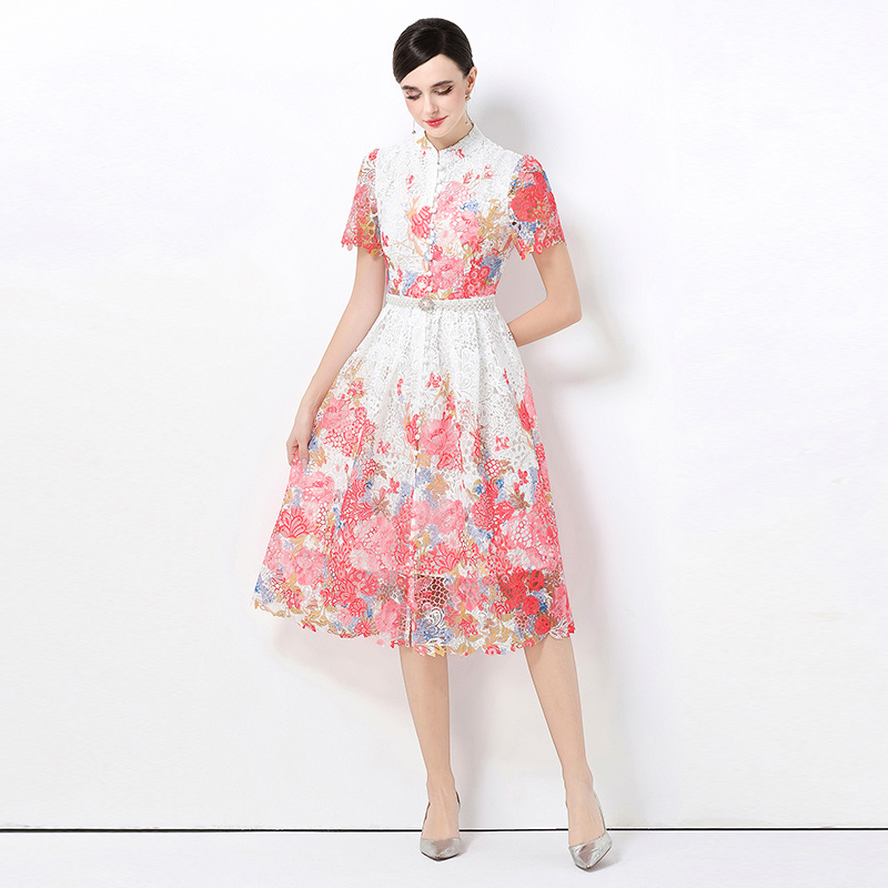 Slim long lace fashion short sleeve hollow dress