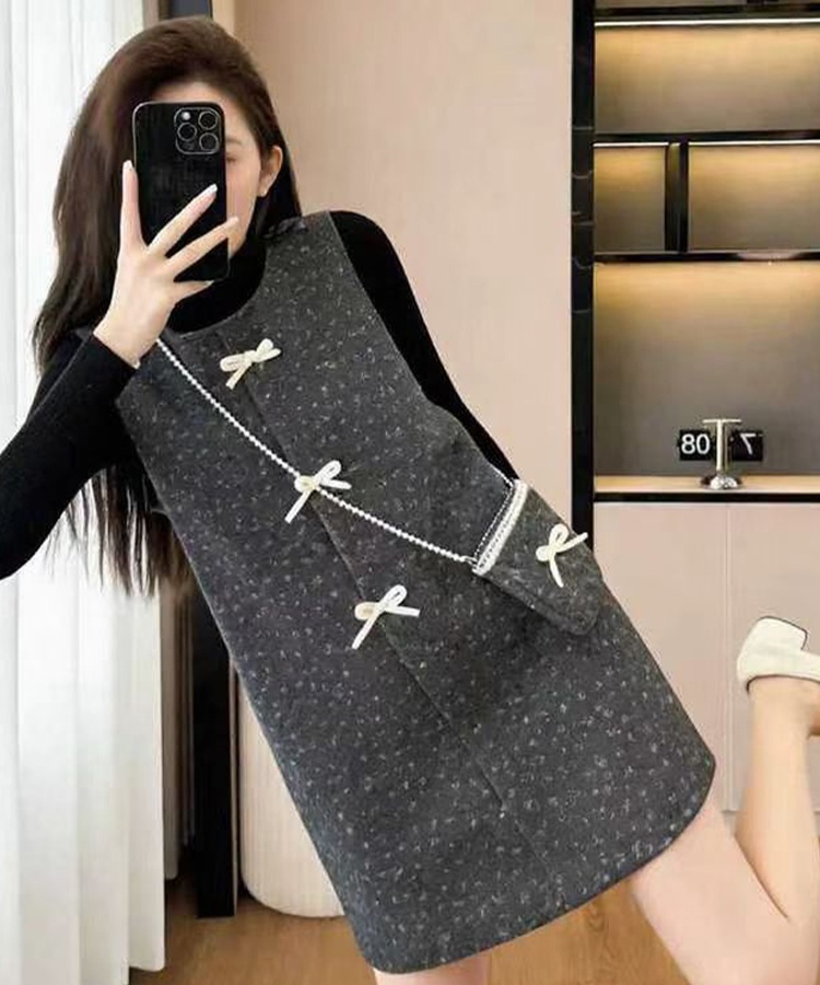 Sleeveless pearl small dress winter bottoming shirt 3pcs set