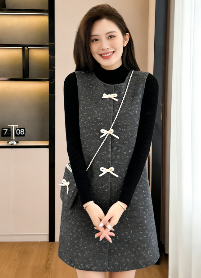 Sleeveless pearl small dress winter bottoming shirt 3pcs set