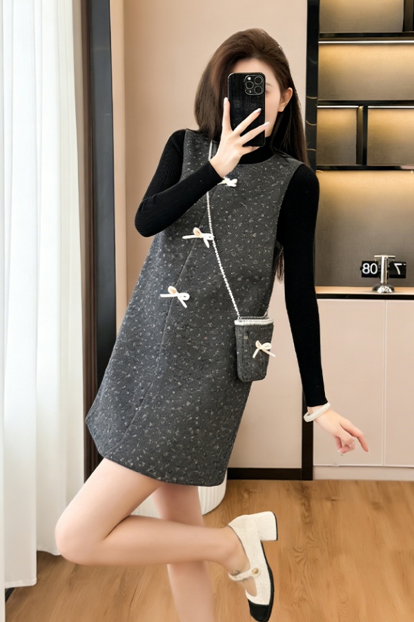 Sleeveless pearl small dress winter bottoming shirt 3pcs set