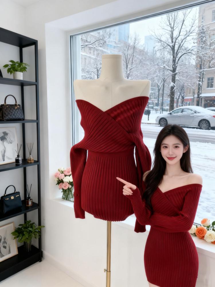 Flat shoulder cross dress package hip T-back for women