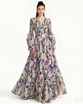 European style lotus sleeve spring and autumn dress