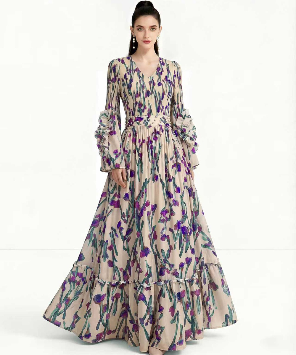 European style lotus sleeve spring and autumn dress