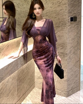 Sling flocking autumn chiffon slim splice dress