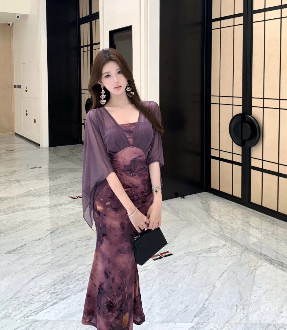 Sling flocking autumn chiffon slim splice dress