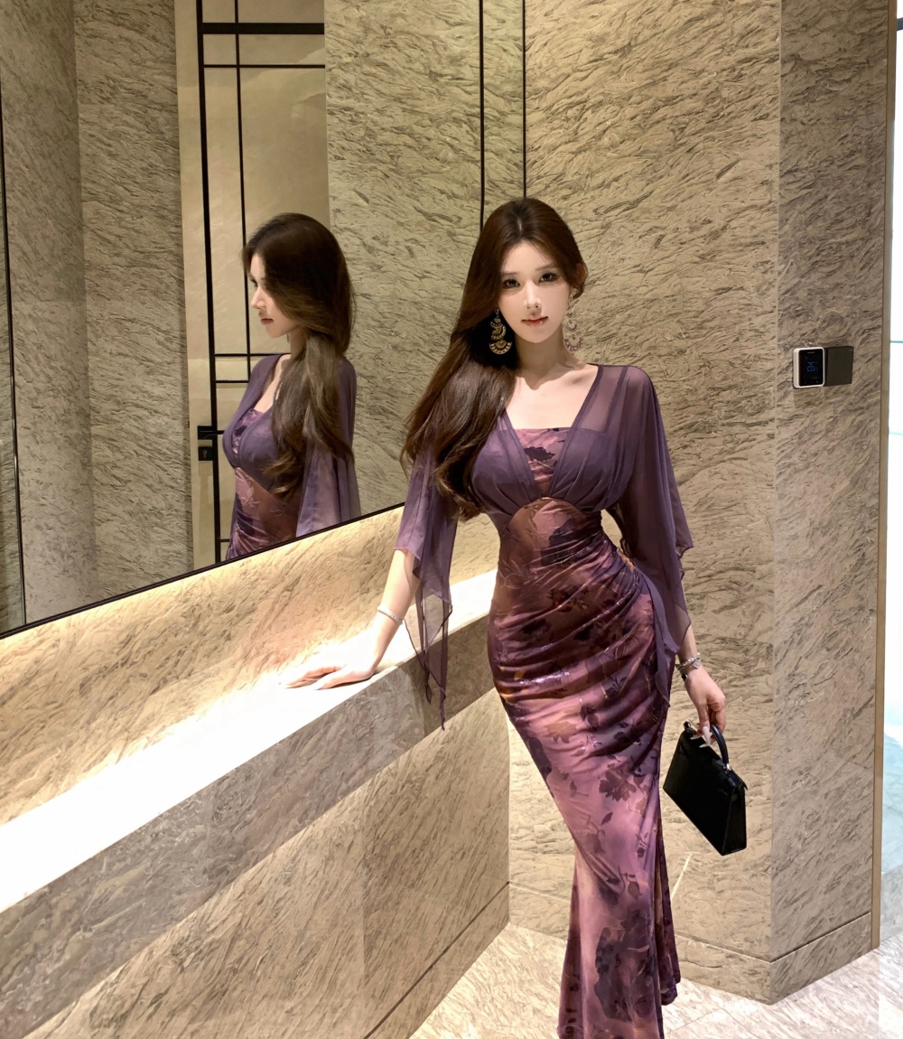 Sling flocking autumn chiffon slim splice dress