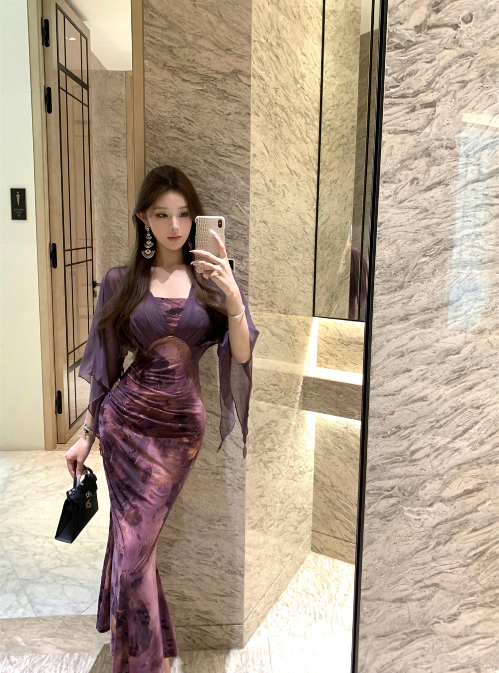 Sling flocking autumn chiffon slim splice dress